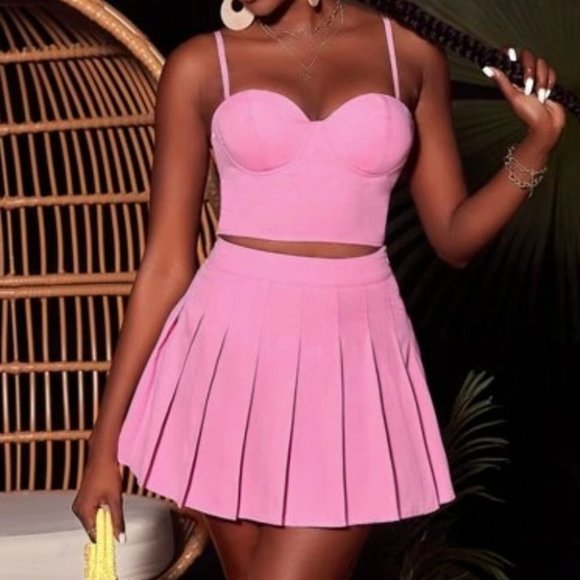 . Dresses & Skirts - Pink Bustier Crop Cami Top & Pleated Skirt - 2 Piece Set